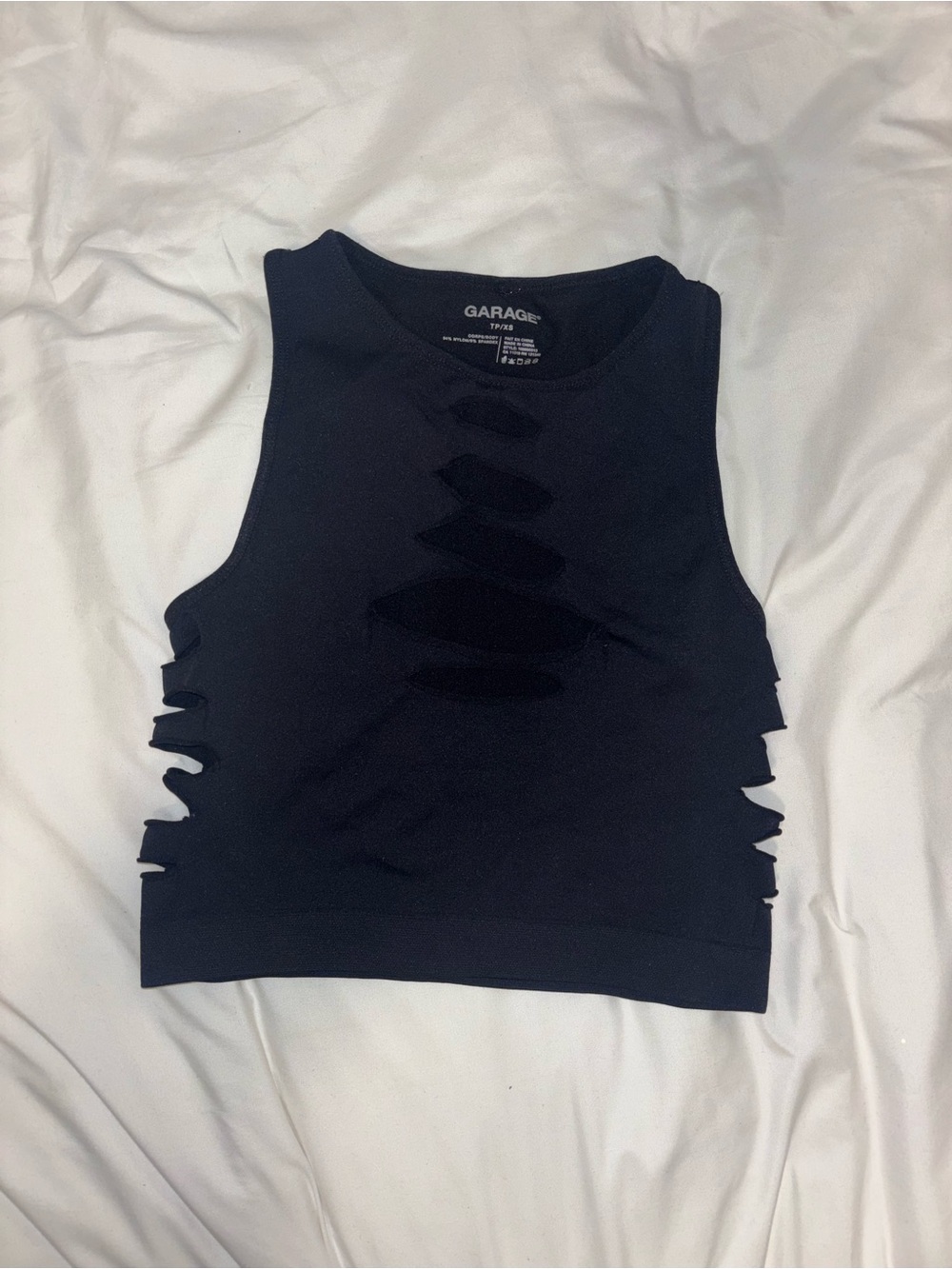 Garage Black Crop Tank with Decorative Front and Side Cutouts